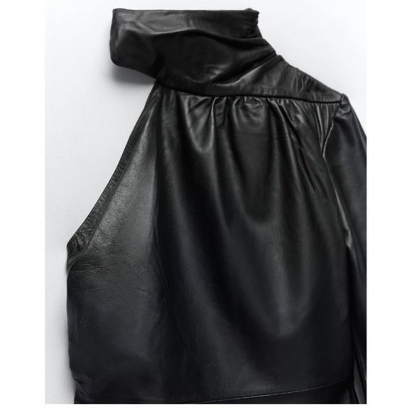 NWT Zara Asymmetric Genuine Real Leather One Sleeve Mini Dress size S - Picture 5 of 6